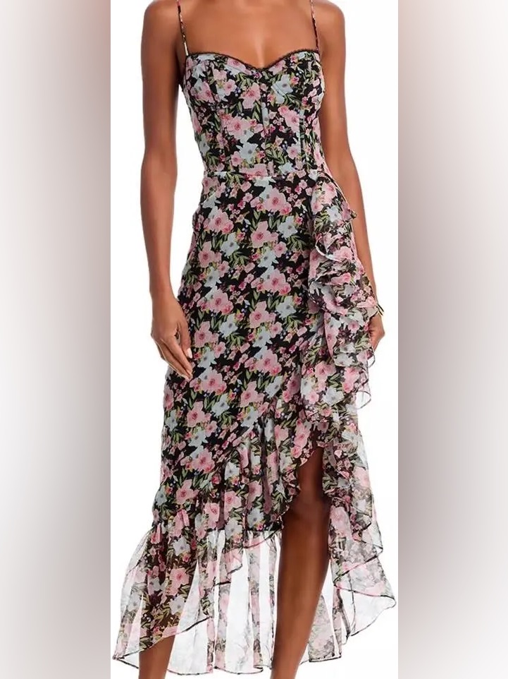 Astr Floral Ruffle Asymmetrical Slip Dress - Pink On Black